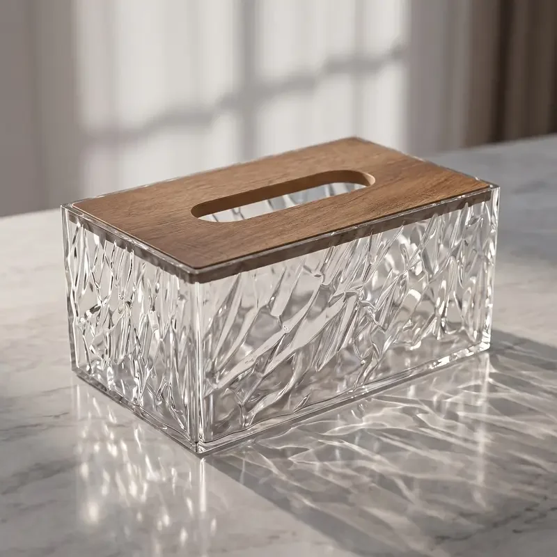 1 crystal texture acrylic tissue box with wooden lid modern minimalist napkin holder room coffee table desktop tissue storage bathroom decorative ornament Product details 1
