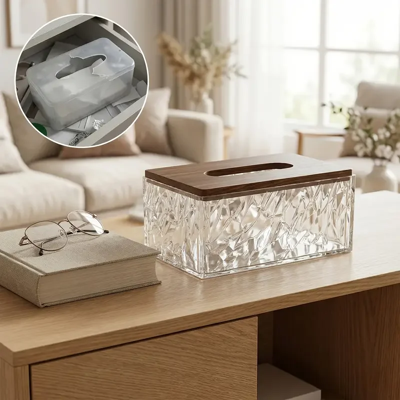1 crystal texture acrylic tissue box with wooden lid modern minimalist napkin holder room coffee table desktop tissue storage bathroom decorative ornament Product details 2
