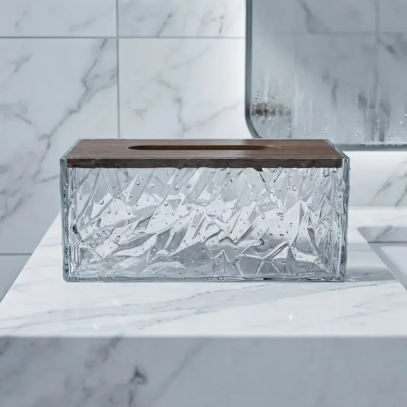 1 crystal texture acrylic tissue box with wooden lid modern minimalist napkin holder room coffee table desktop tissue storage bathroom decorative ornament Product details 3