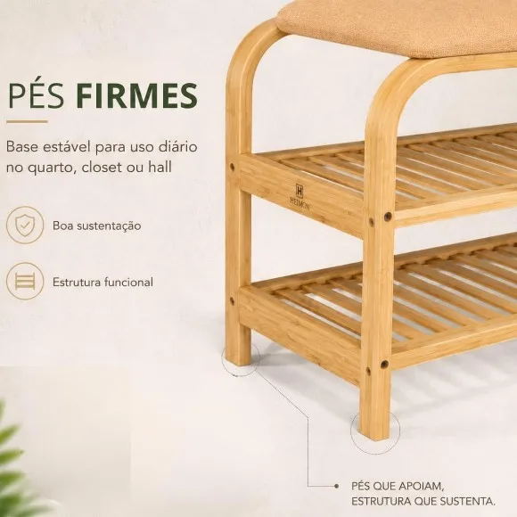 2 Tiers Bamboo Shoe Rack with Upholstered Bench