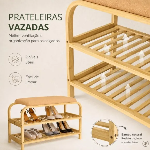 2 Tiers Bamboo Shoe Rack with Upholstered Bench