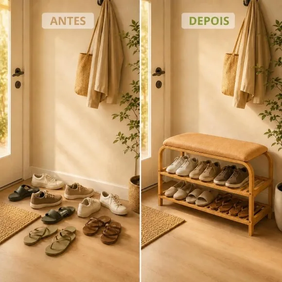 2 Tiers Bamboo Shoe Rack with Upholstered Bench