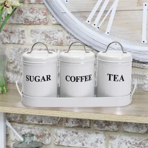 3-Piece Vintage, Retro, Farmhouse Metal Containers with Lids, Coffee, Tea, Sugar Set Canister