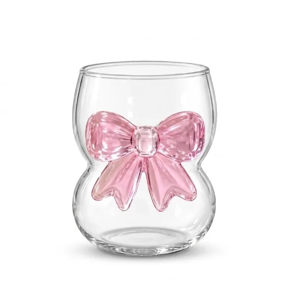 3D Pink Bow Ribbed Glass Tumbler – Cute Aesthetic Drinkware for Iced Coffee, Matcha & Cocktails