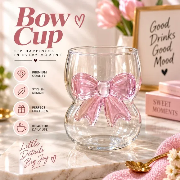 3D Pink Bow Ribbed Glass Tumbler – Cute Aesthetic Drinkware for Iced Coffee, Matcha & Cocktails