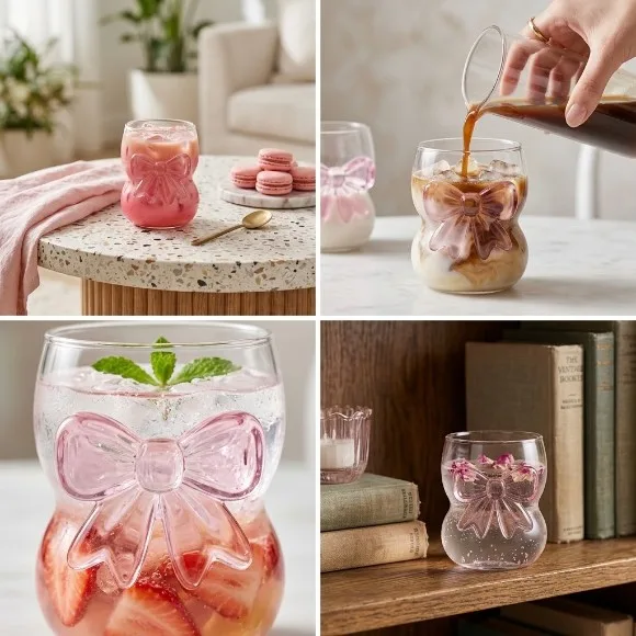 3D Pink Bow Ribbed Glass Tumbler – Cute Aesthetic Drinkware for Iced Coffee, Matcha & Cocktails