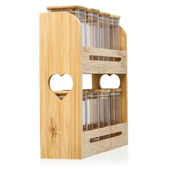 Bamboo Square Condiment Holder Spice Rack Shelf Spice Organizer 2 Tiers 8 Glass Jars Lid Countertop