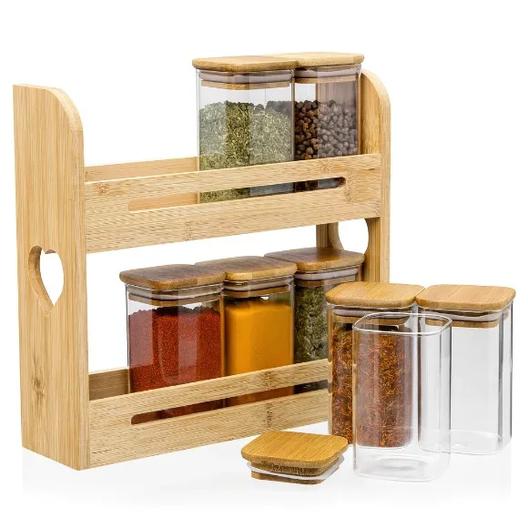 Bamboo Square Condiment Holder Spice Rack Shelf Spice Organizer 2 Tiers 8 Glass Jars Lid Countertop