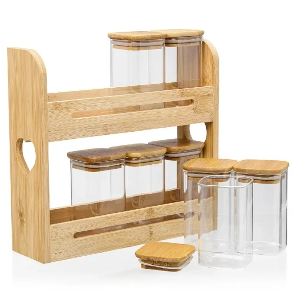 Bamboo Square Condiment Holder Spice Rack Shelf Spice Organizer 2 Tiers 8 Glass Jars Lid Countertop
