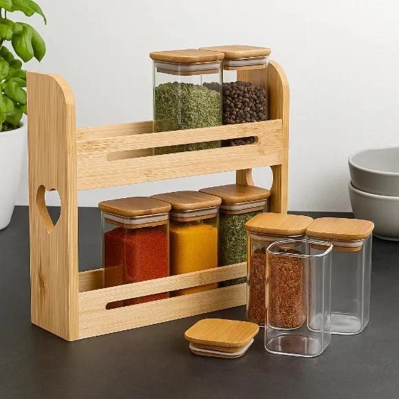 Bamboo Square Condiment Holder Spice Rack Shelf Spice Organizer 2 Tiers 8 Glass Jars Lid Countertop