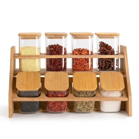 Bamboo Glass Jar Set With Wooden Stand 9-Piece