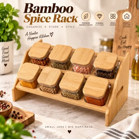 Bamboo Glass Spice Rack 300ml Jars