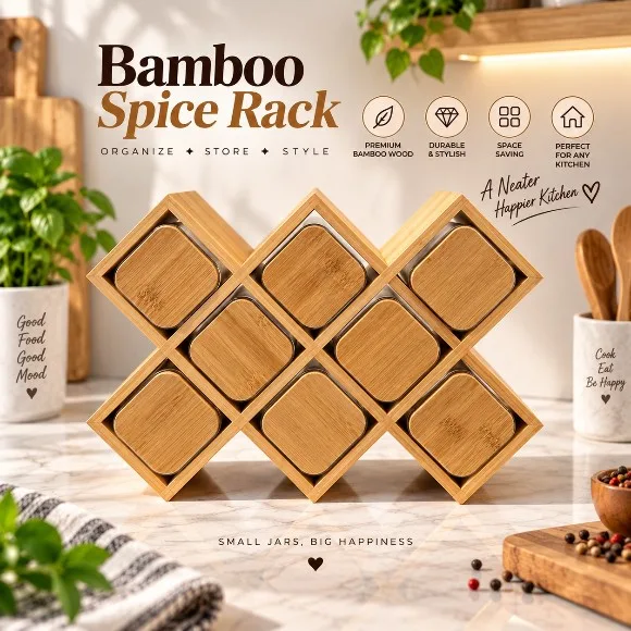 Bamboo Spice Rack 8 Bottles Honeycomb Design thumbnail 3