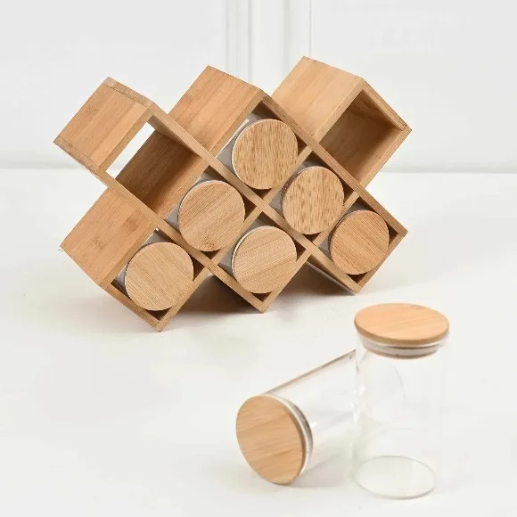 Bamboo Spice Rack 8 Bottles Honeycomb Design