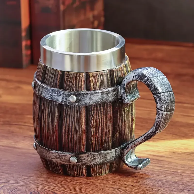 a 20oz large capacity stainless steel cup in of a resembling a wooden beer mug made of resin cold drinks party bars and as a gift for friends or for a fathers birthday and Product details 0