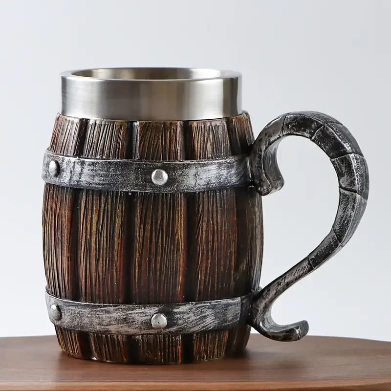 a 20oz large capacity stainless steel cup in of a resembling a wooden beer mug made of resin cold drinks party bars and as a gift for friends or for a fathers birthday and Product details 1