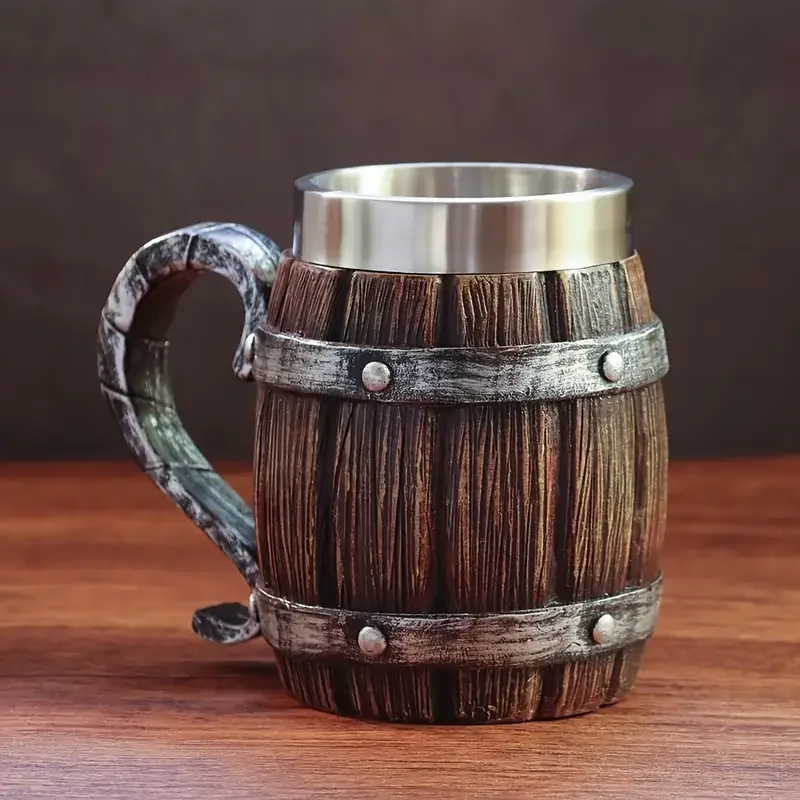 a 20oz large capacity stainless steel cup in of a resembling a wooden beer mug made of resin cold drinks party bars and as a gift for friends or for a fathers birthday and Product details 6