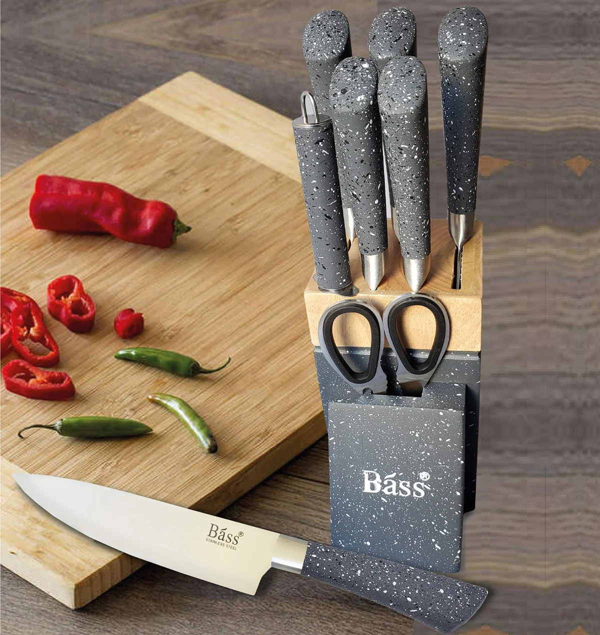 BASS STAINLESS STEEL SUPER SHARP MODERN KNIFE BLOCK 8-PIECE SET, KITCHEN KNIFE SET (White)