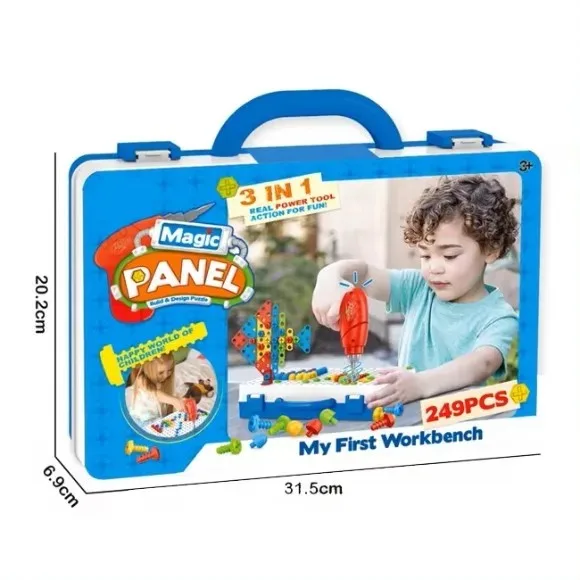 Children Power Toolbox Assembly 249 + Pieces Puzzle with Cell Operated Drill Machine Screwdriver Create n Play Creativity DIY Construction Set for Kids STEM Educational Mosaic Toy