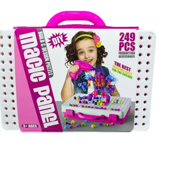 Children Power Toolbox Assembly 249 + Pieces Puzzle with Cell Operated Drill Machine Screwdriver Create n Play Creativity DIY Construction Set for Kids STEM Educational Mosaic Toy