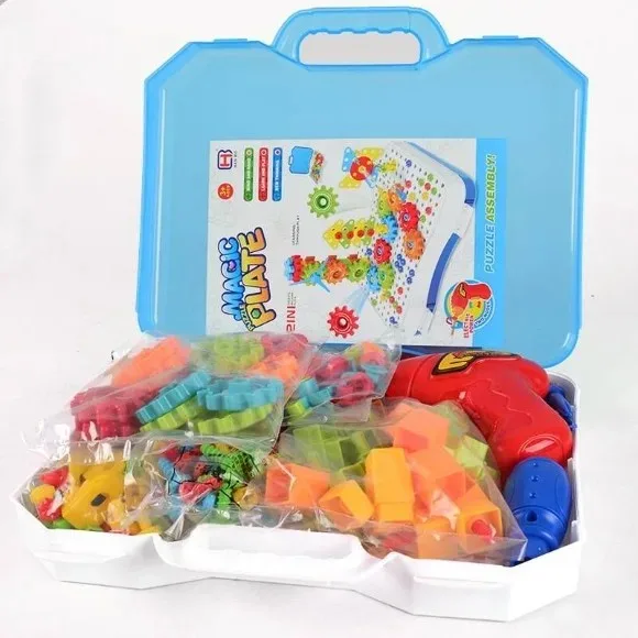 Children Power Toolbox Assembly 249 + Pieces Puzzle with Cell Operated Drill Machine Screwdriver Create n Play Creativity DIY Construction Set for Kids STEM Educational Mosaic Toy