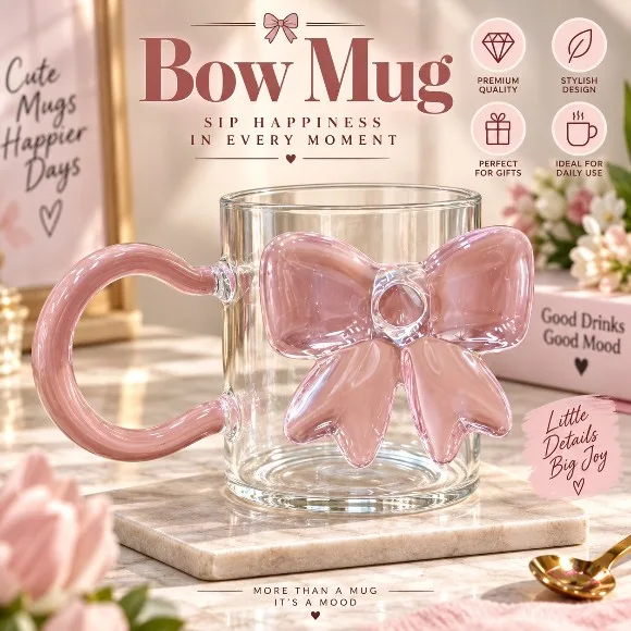 Creative Bow Glass Mug 300ml – Rose Handled Glass Cup