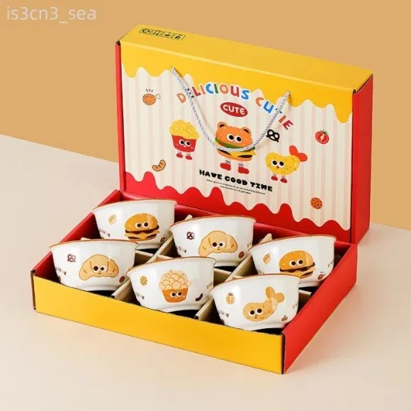 Cute Cartoon Ceramic Rice Bowl Set of 6 Hamburger Box Children's Dinnerware Set