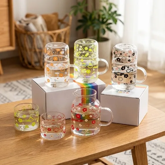 Cute Floral Bedside Water Carafe and Glass Cup Set – 2-in-1 Nightstand Glass Pitcher with Tumbler Lid
