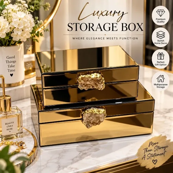 Luxury Storage Box Decorative Glass Box with Natural Stone Set of 2