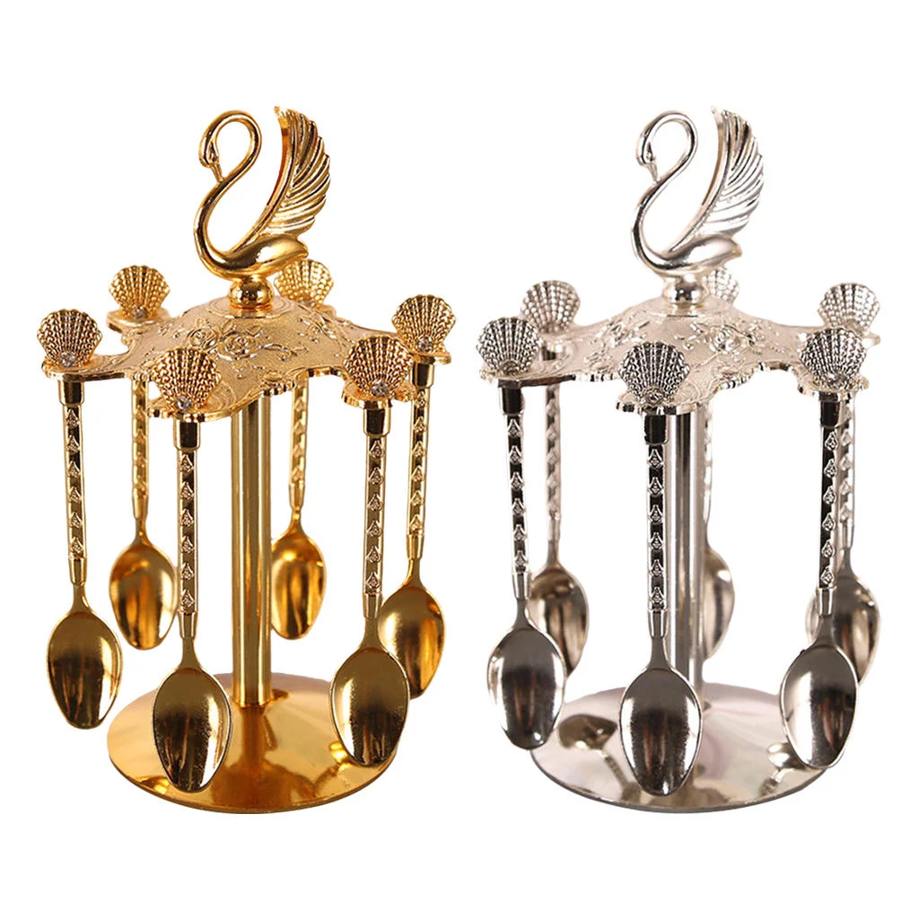 Decorative Swan Base Holder + 6 Spoons Coffee Dessert Spoons Kitchen Dinnerware Set for Stirring Mixing Sugar Coffee