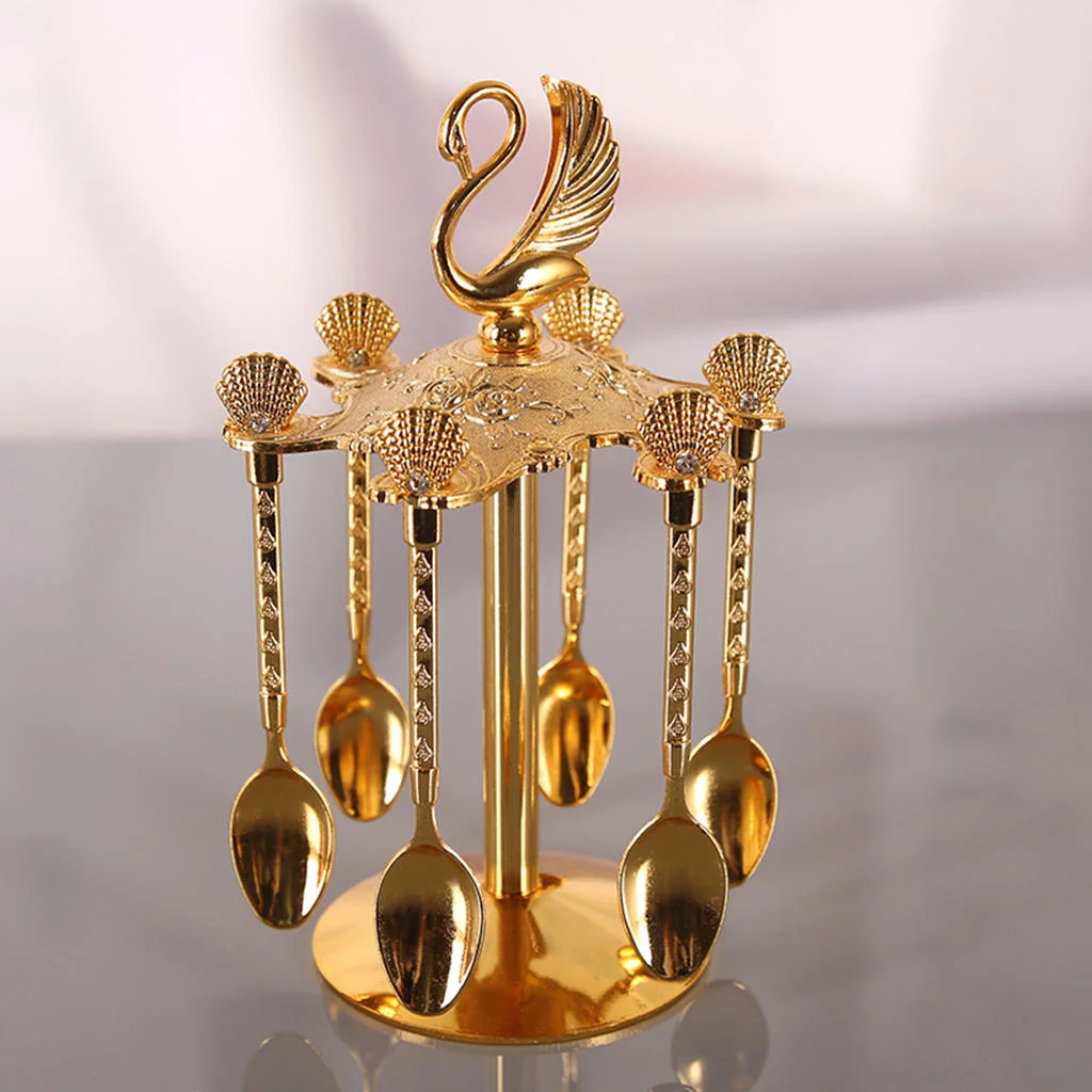 Decorative Swan Base Holder + 6 Spoons Coffee Dessert Spoons Kitchen Dinnerware Set for Stirring Mixing Sugar Coffee