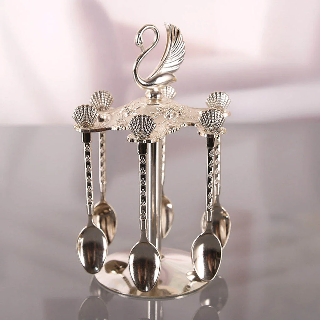Decorative Swan Base Holder + 6 Spoons Coffee Dessert Spoons Kitchen Dinnerware Set for Stirring Mixing Sugar Coffee