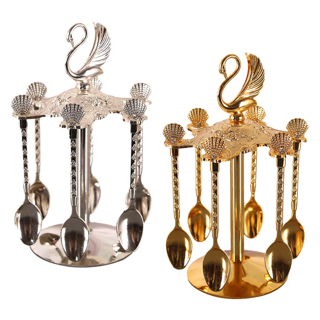 Decorative Swan Base Holder + 6 Spoons Coffee Dessert Spoons Kitchen Dinnerware Set for Stirring Mixing Sugar Coffee