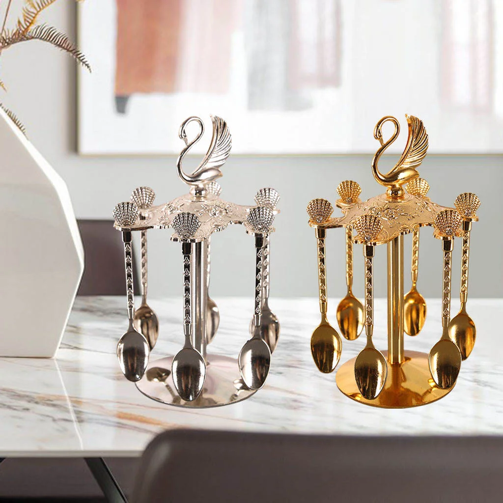 Decorative Swan Base Holder + 6 Spoons Coffee Dessert Spoons Kitchen Dinnerware Set for Stirring Mixing Sugar Coffee