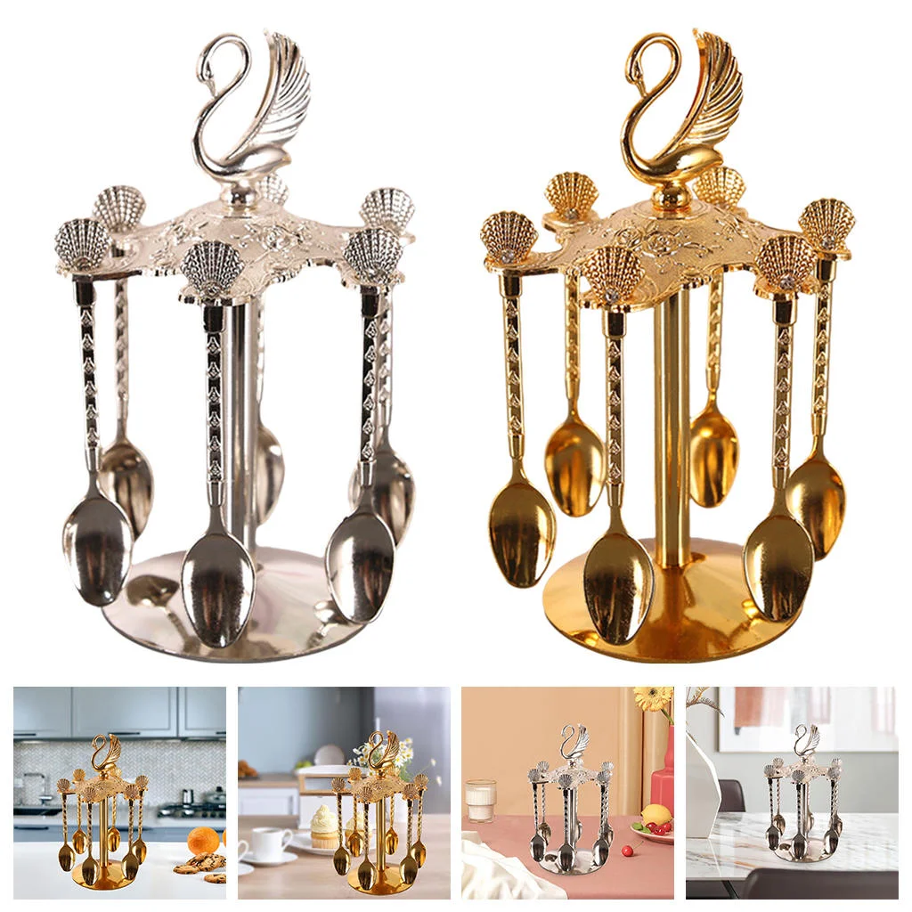 Decorative Swan Base Holder + 6 Spoons Coffee Dessert Spoons Kitchen Dinnerware Set for Stirring Mixing Sugar Coffee