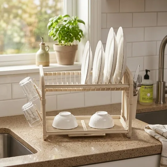 Heavy Duty Dish Rack  2-Tier Space-Saving Dish Drying Rack with Cutlery Caddy & Glass Holders