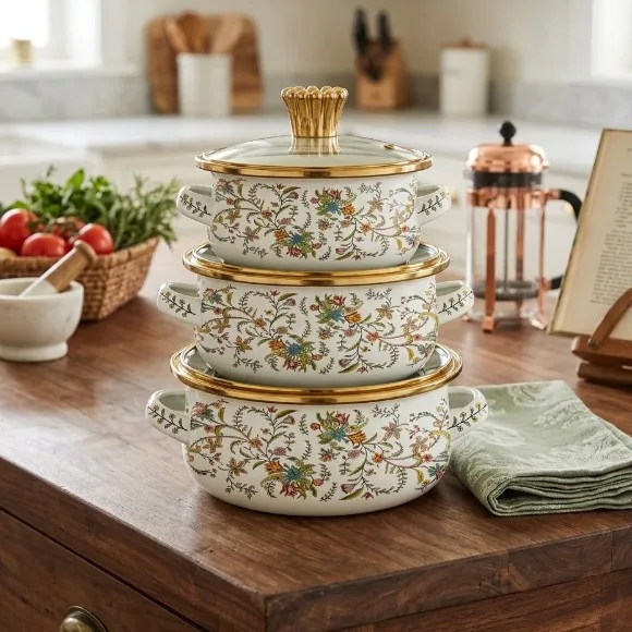 Enamel Coated Pot Set, 12-14-16cm Mini Milk Pot 0.5/0.8/1.2L Double Ear Enamel Bowl