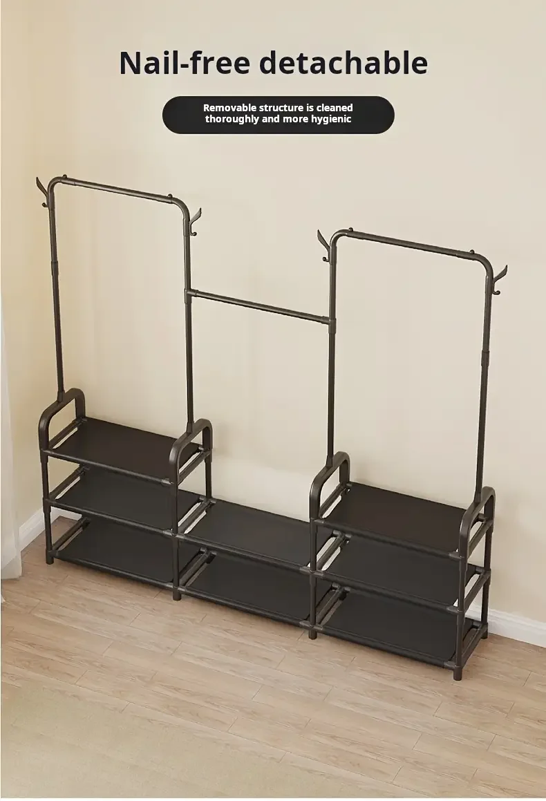 3 tier 55 freestanding metal clothing rack with shoe storage shelves entryway organizer space saving durable alloy easy assembly 120 lb capacity for small spaces shoe storage organizer Product details 2