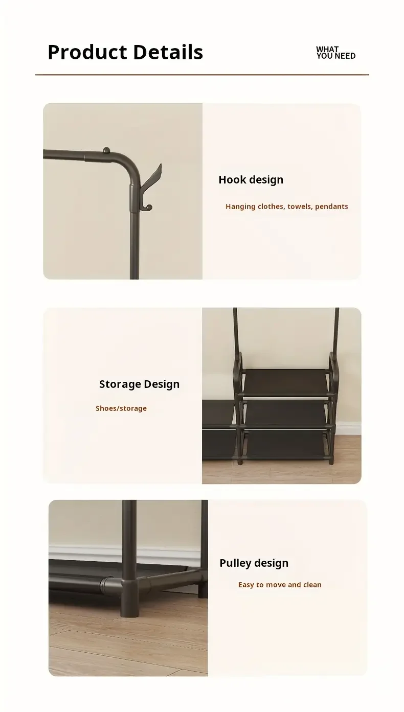 3 tier 55 freestanding metal clothing rack with shoe storage shelves entryway organizer space saving durable alloy easy assembly 120 lb capacity for small spaces shoe storage organizer Product details 3