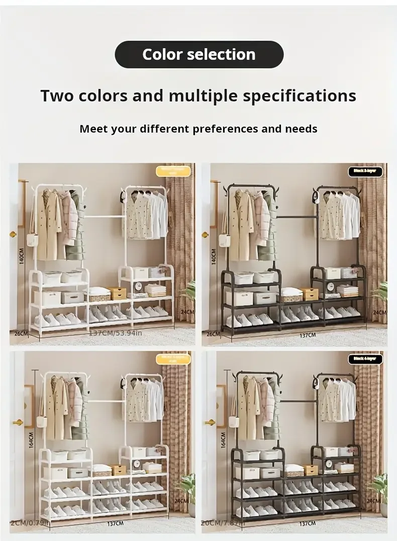 3 tier 55 freestanding metal clothing rack with shoe storage shelves entryway organizer space saving durable alloy easy assembly 120 lb capacity for small spaces shoe storage organizer Product details 4