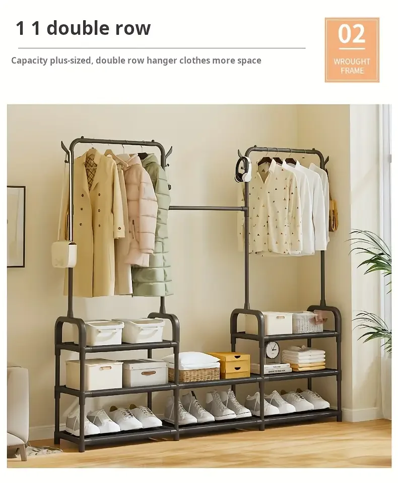 3 tier 55 freestanding metal clothing rack with shoe storage shelves entryway organizer space saving durable alloy easy assembly 120 lb capacity for small spaces shoe storage organizer Product details 7