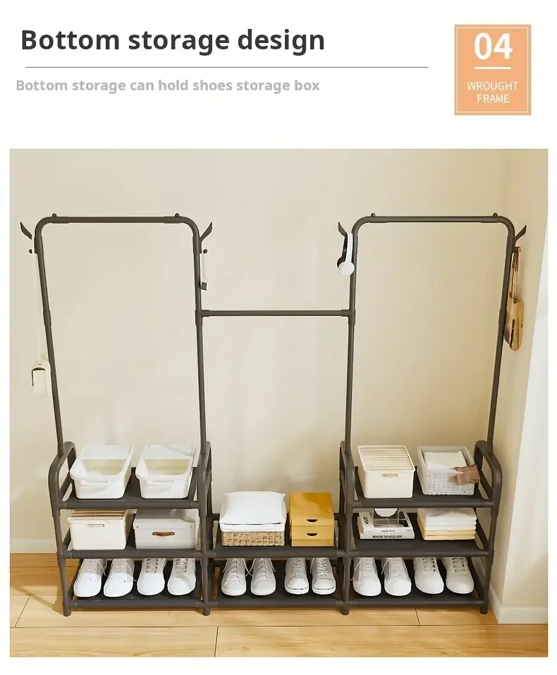 3 tier 55 freestanding metal clothing rack with shoe storage shelves entryway organizer space saving durable alloy easy assembly 120 lb capacity for small spaces shoe storage organizer Product details 9