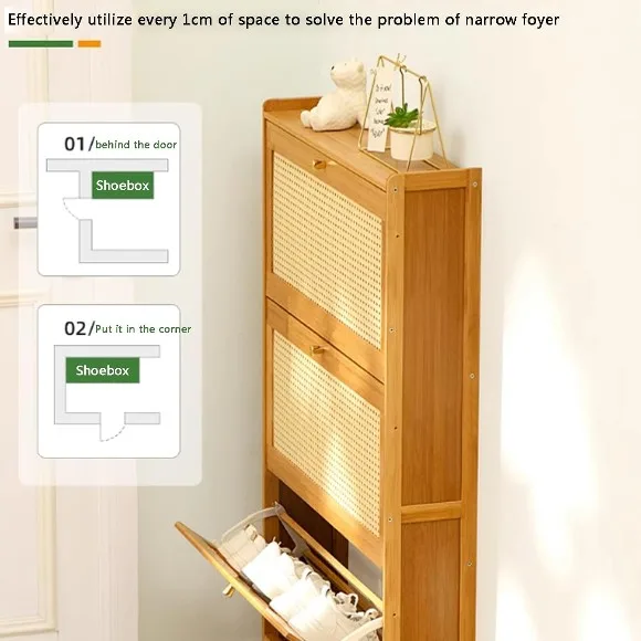 Entryway Shoe Cabinet Bamboo Slim Organizer Flip Down Hidden Shoe Rack 3 Tier