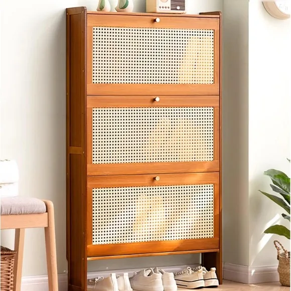 Entryway Shoe Cabinet Bamboo Slim Organizer Flip Down Hidden Shoe Rack 3 Tier