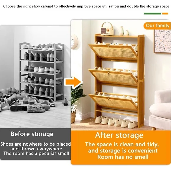 Entryway Shoe Cabinet Bamboo Slim Organizer Flip Down Hidden Shoe Rack 3 Tier