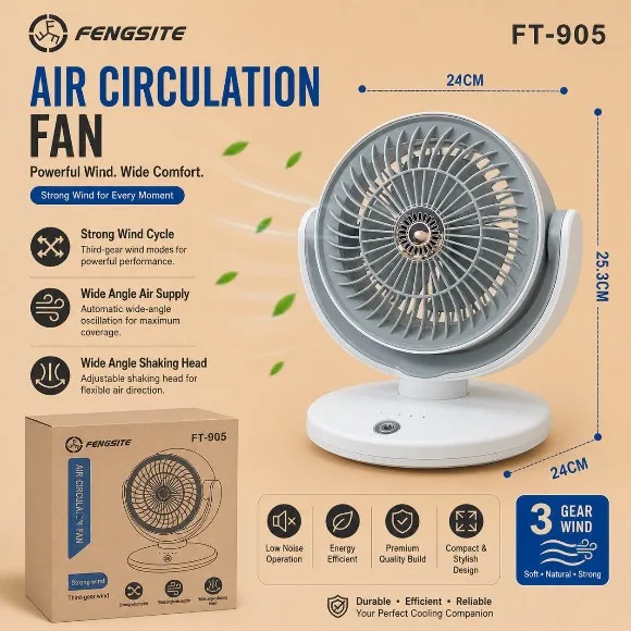 FENGSITE FT-905 Air Circulation Fan – Rechargeable Desk Fan with 3-Speed Wind
