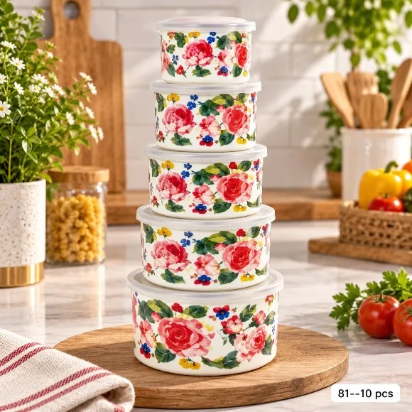 Floral Print 5 Pcs Enamel Bowl Set with Lids (10–18 cm / 500–2500 ml)