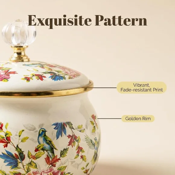 Flowers Birds Enamel Sugar Bowl Seasoning Jar 