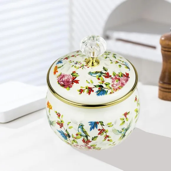 Flowers Birds Enamel Sugar Bowl Seasoning Jar 