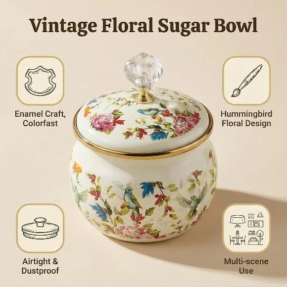 Flowers Birds Enamel Sugar Bowl Seasoning Jar 